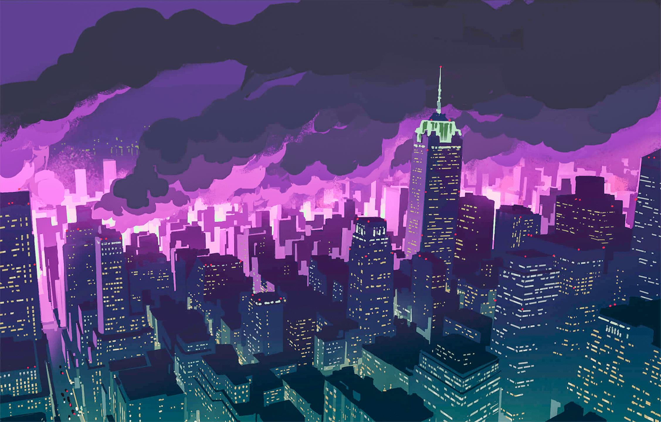 A digital painting of a cityscape at night with a purple and blue sky - City, anime city