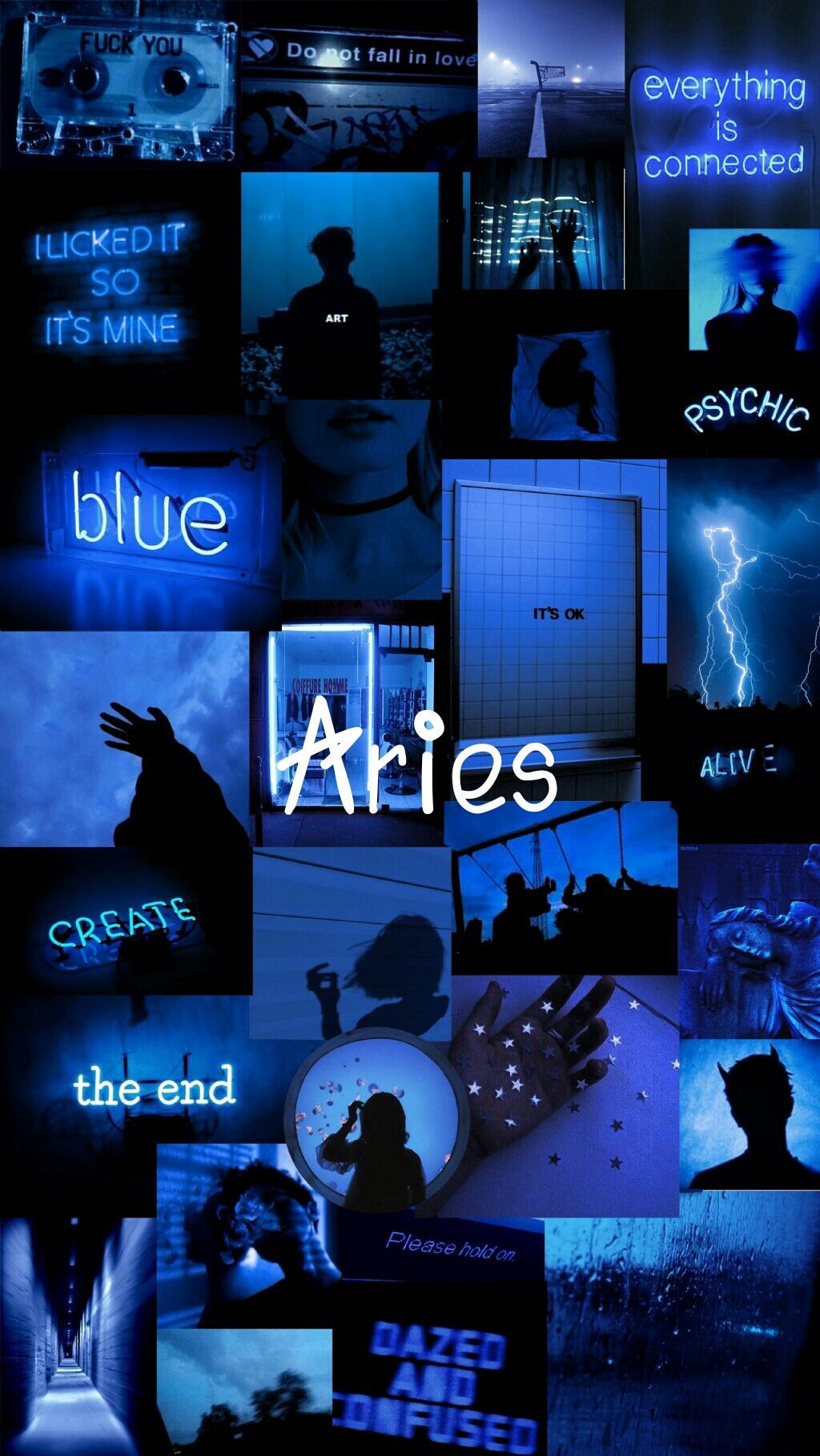 A collage of blue and white images - Aries