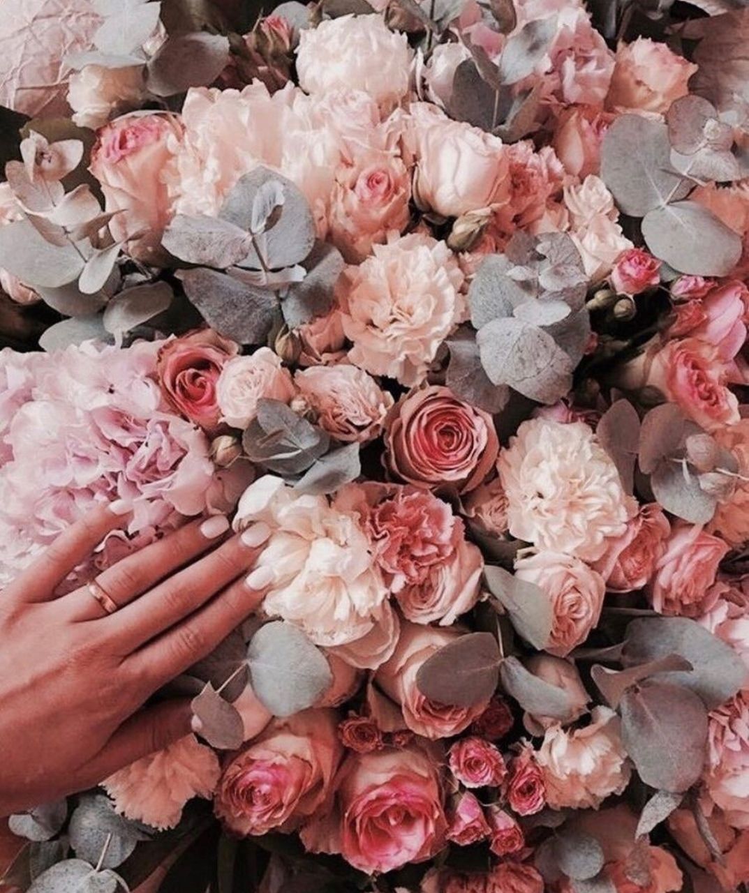 A bouquet of pink flowers with a hand on top of it. - Roses