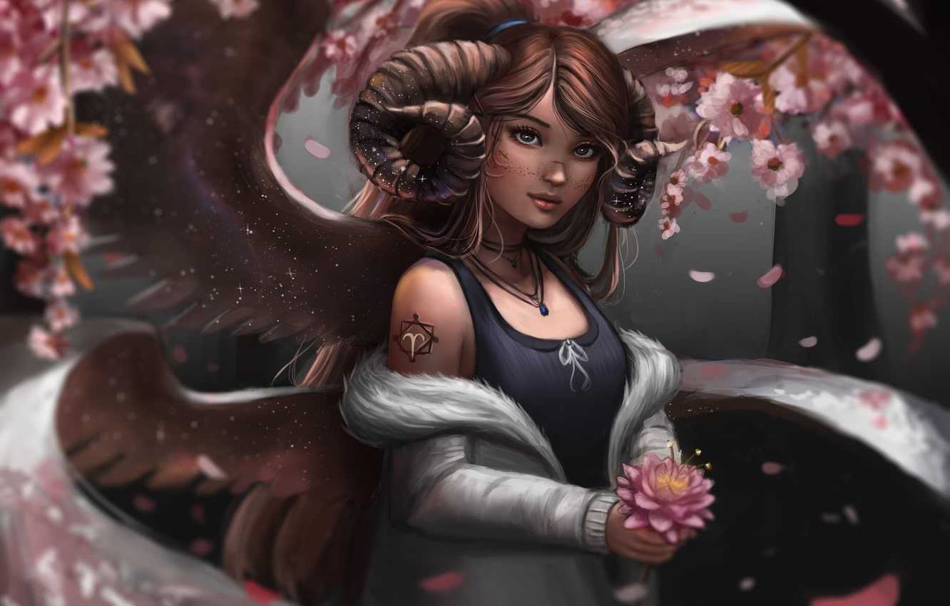 Wallpaper girl, horns, fantasy, flower, picture, the artist, wallpaper, background, art, girl, horns, fantasy, flower, picture, the artist - Aries