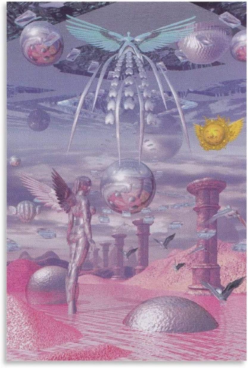 A poster of a surreal scene with a mermaid, a bird, a sun, a moon, a tower, a castle, and a sky full of planets. - Y2K