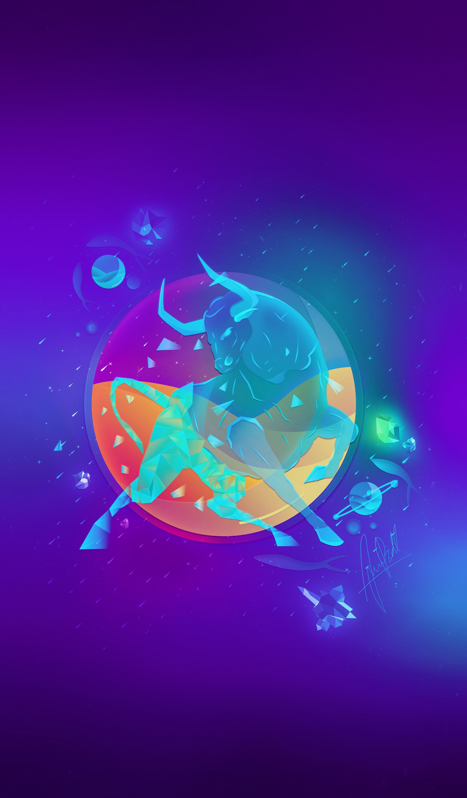 Artwork of a stylized rhino standing on a colorful planet - Taurus