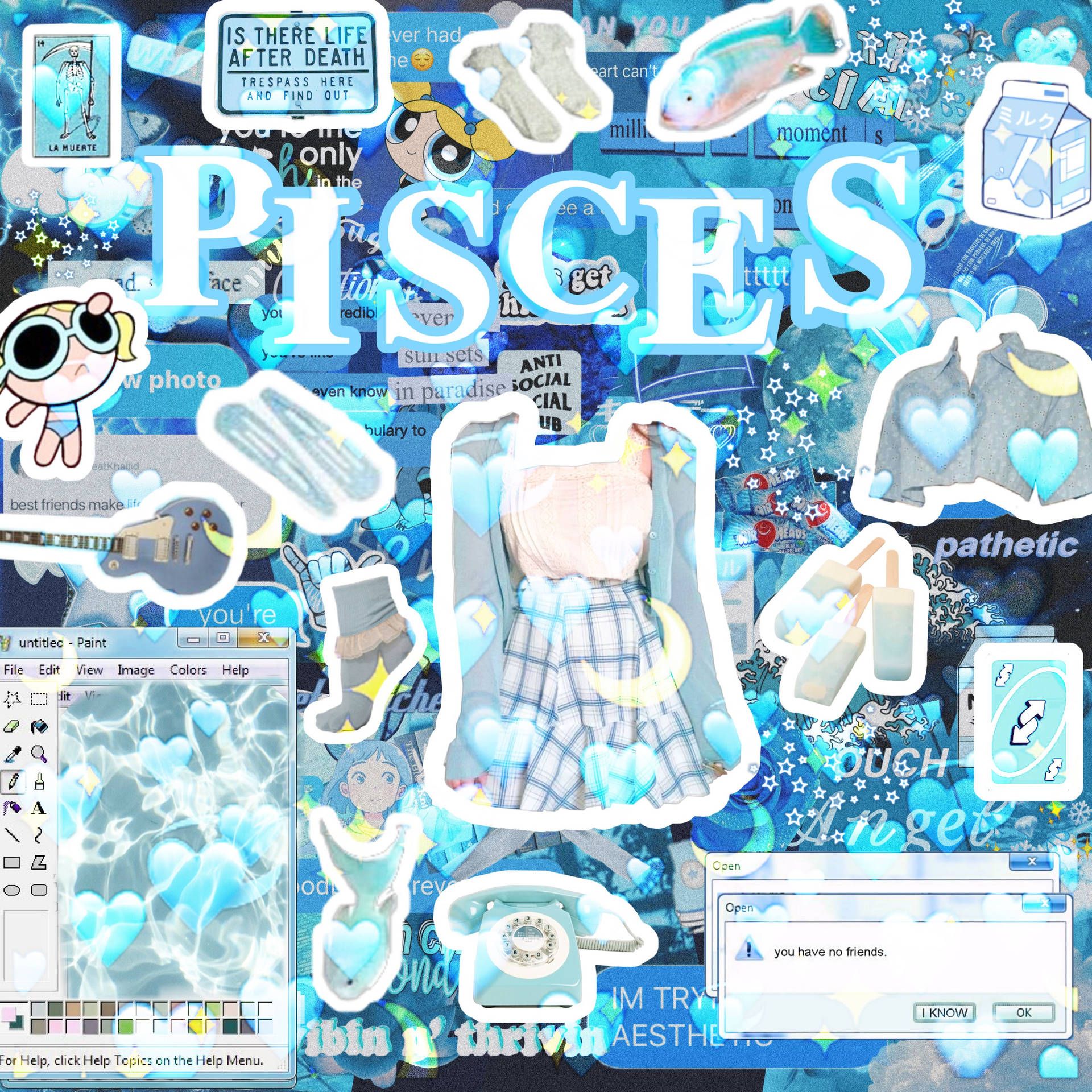 A collage of images and stickers including a picture of a girl in a dress, a sticker of a cat, and a screenshot of a Discord server. - Pisces