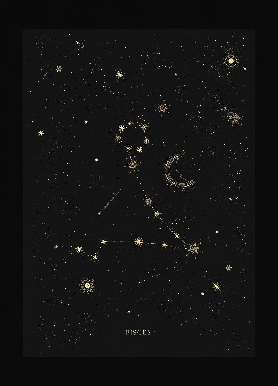 Black and gold Pisces poster with the zodiac sign and stars - Pisces, constellation