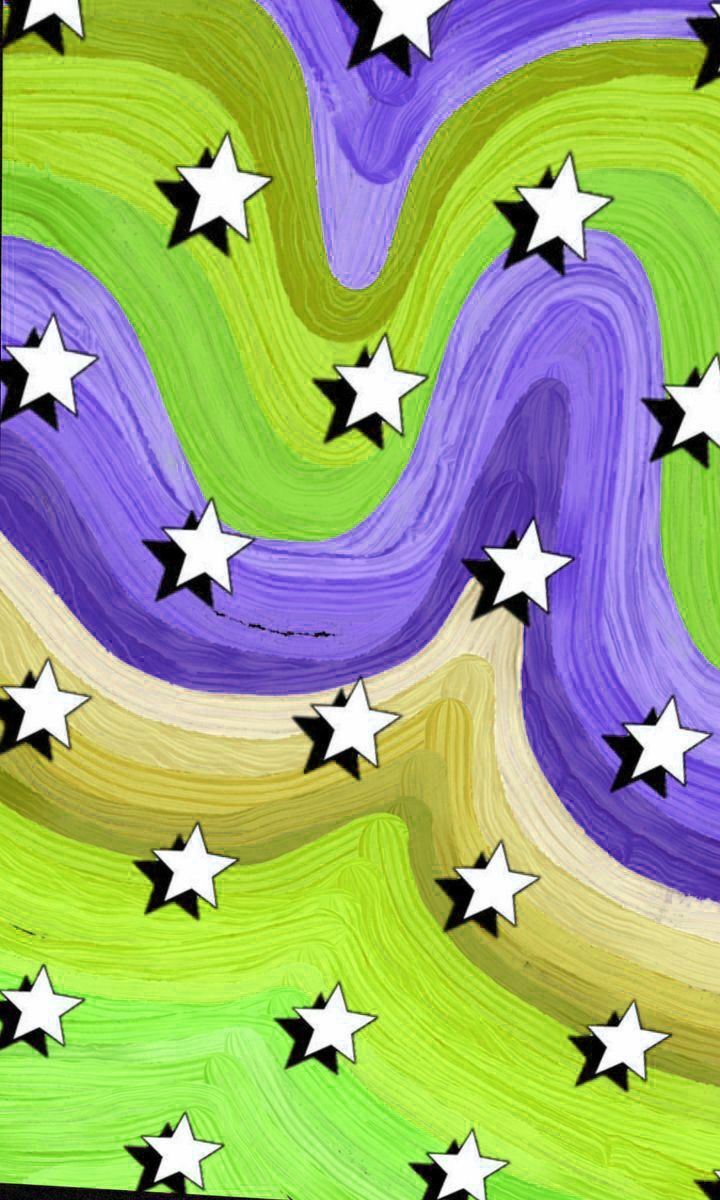 A digital painting of a green, purple and yellow abstract background with white stars. - Indie