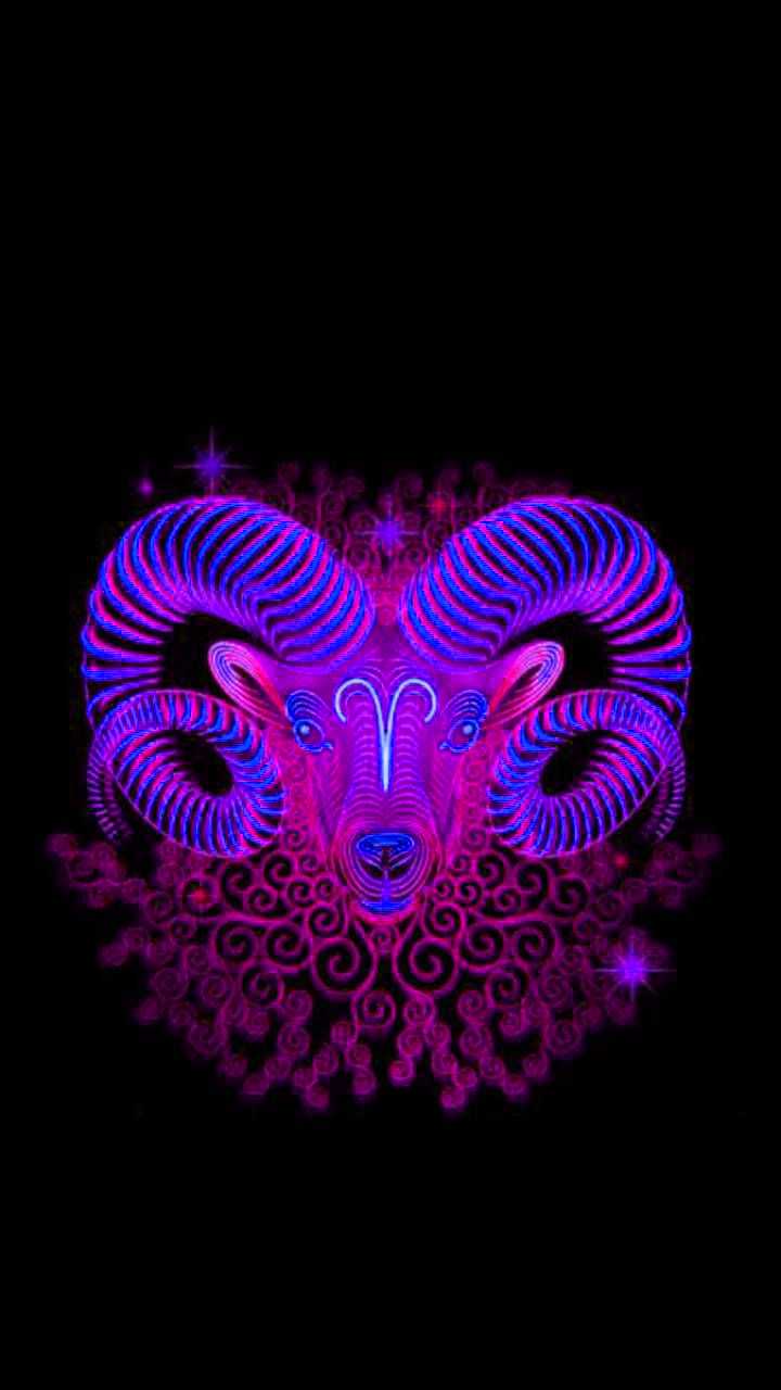 Aries, the ram, in neon purple and blue on a black background - Aries