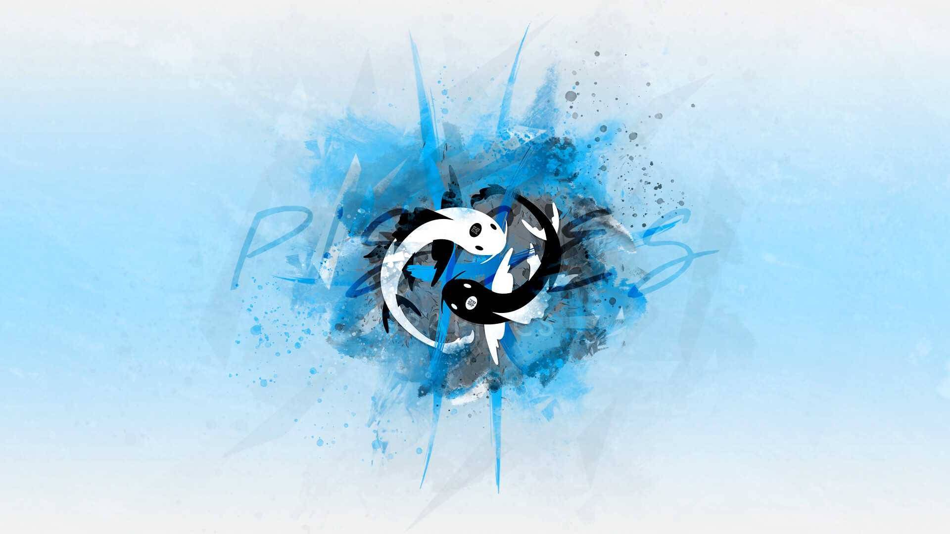 Blue and black yin yang symbol on a blue and white background - Pisces