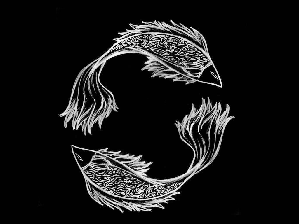 Two ornate, interlocking fish, one facing left, one facing right, on a black background. - Pisces