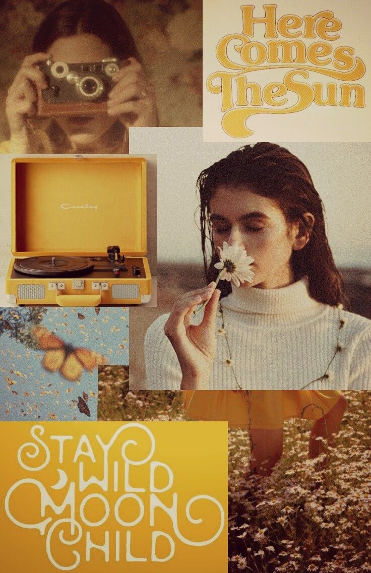 A collage of a girl holding a flower, a record player, and the words 
