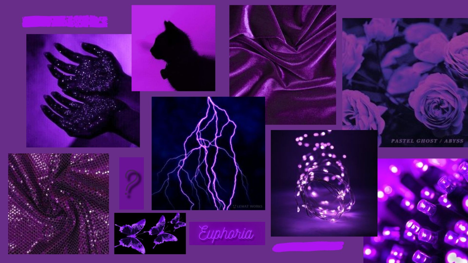 Aesthetic collage of purple images including lightning, roses, and glitter. - Euphoria, purple, violet