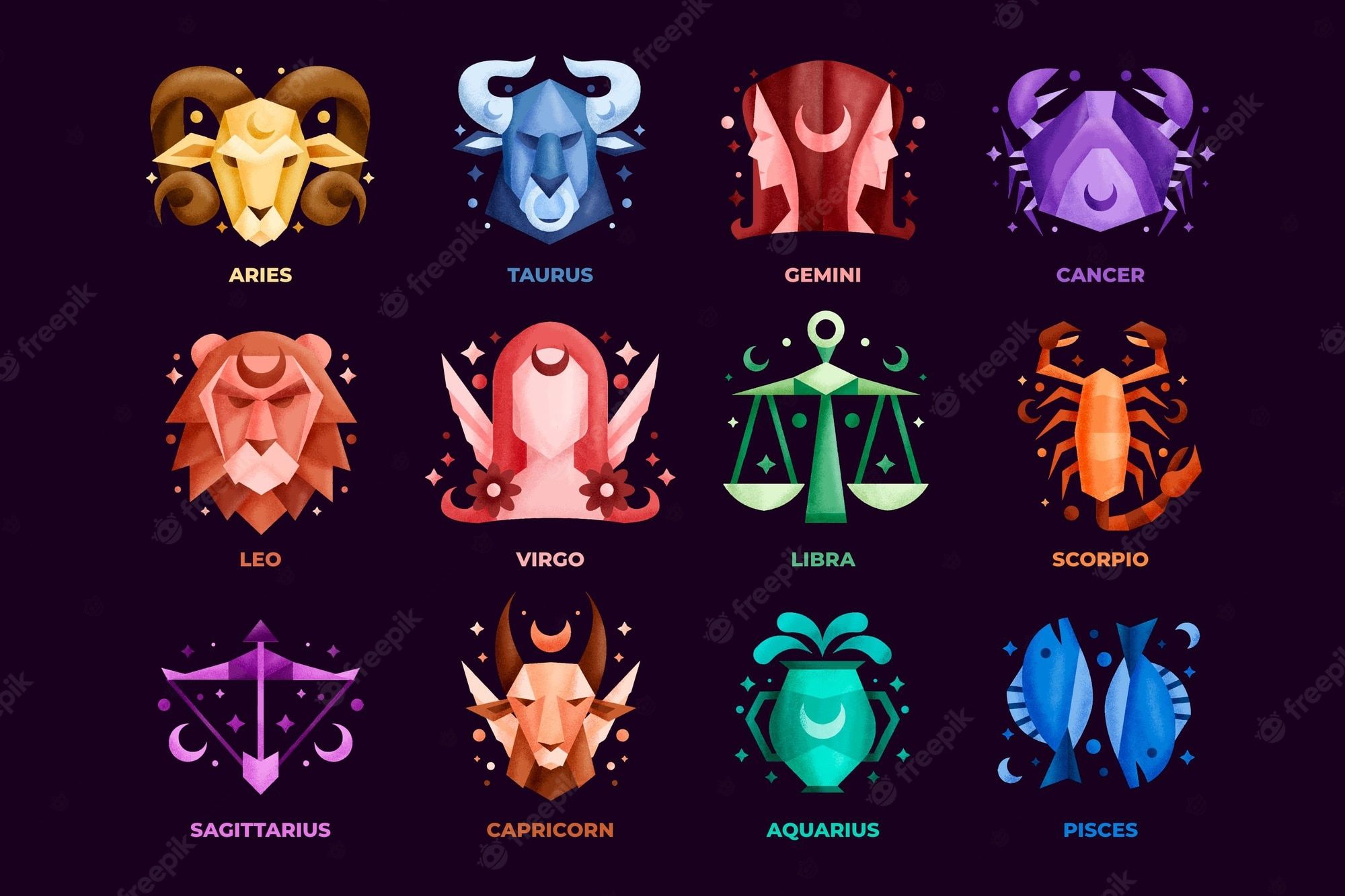 Set of colorful zodiac signs on a dark background. - Cancer