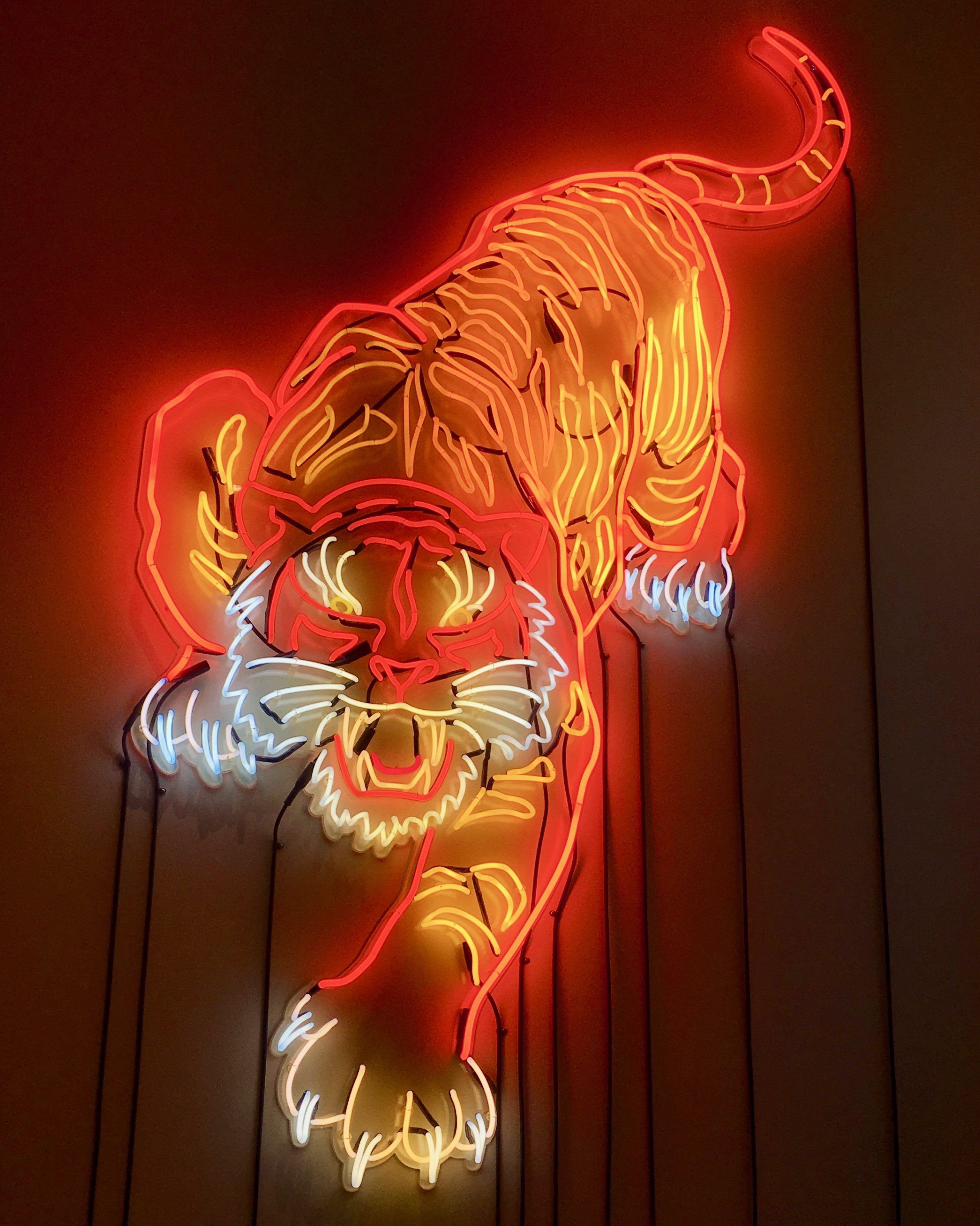 A neon tiger is on the wall - Neon orange