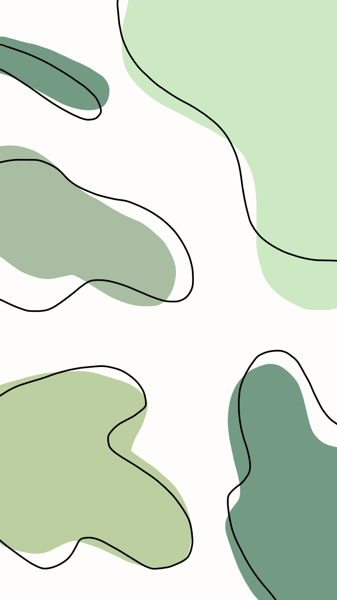 A set of abstract shapes in green tones on a light pink background. - Green