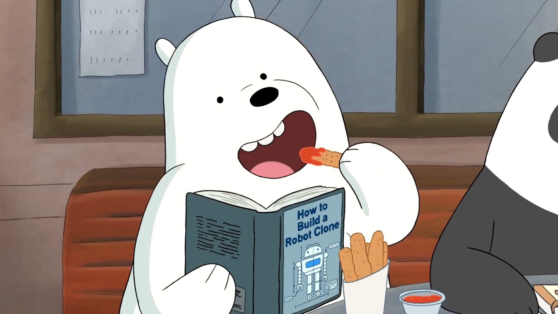 A white bear reading a book on how to build a robot clone - We Bare Bears