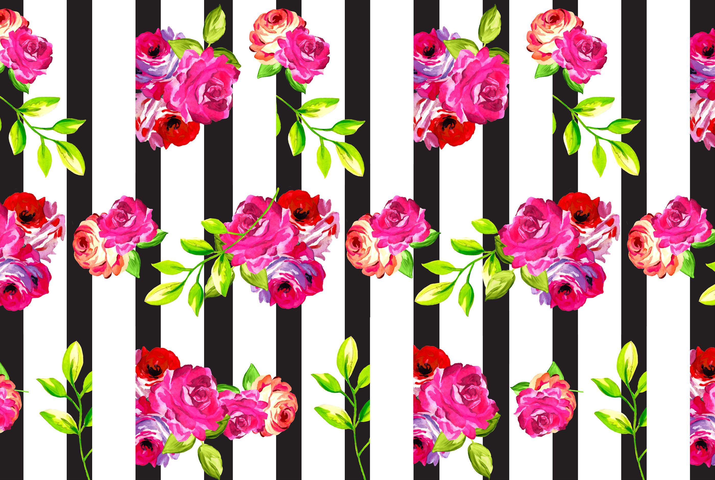 A pattern of pink roses on black and white stripes - February