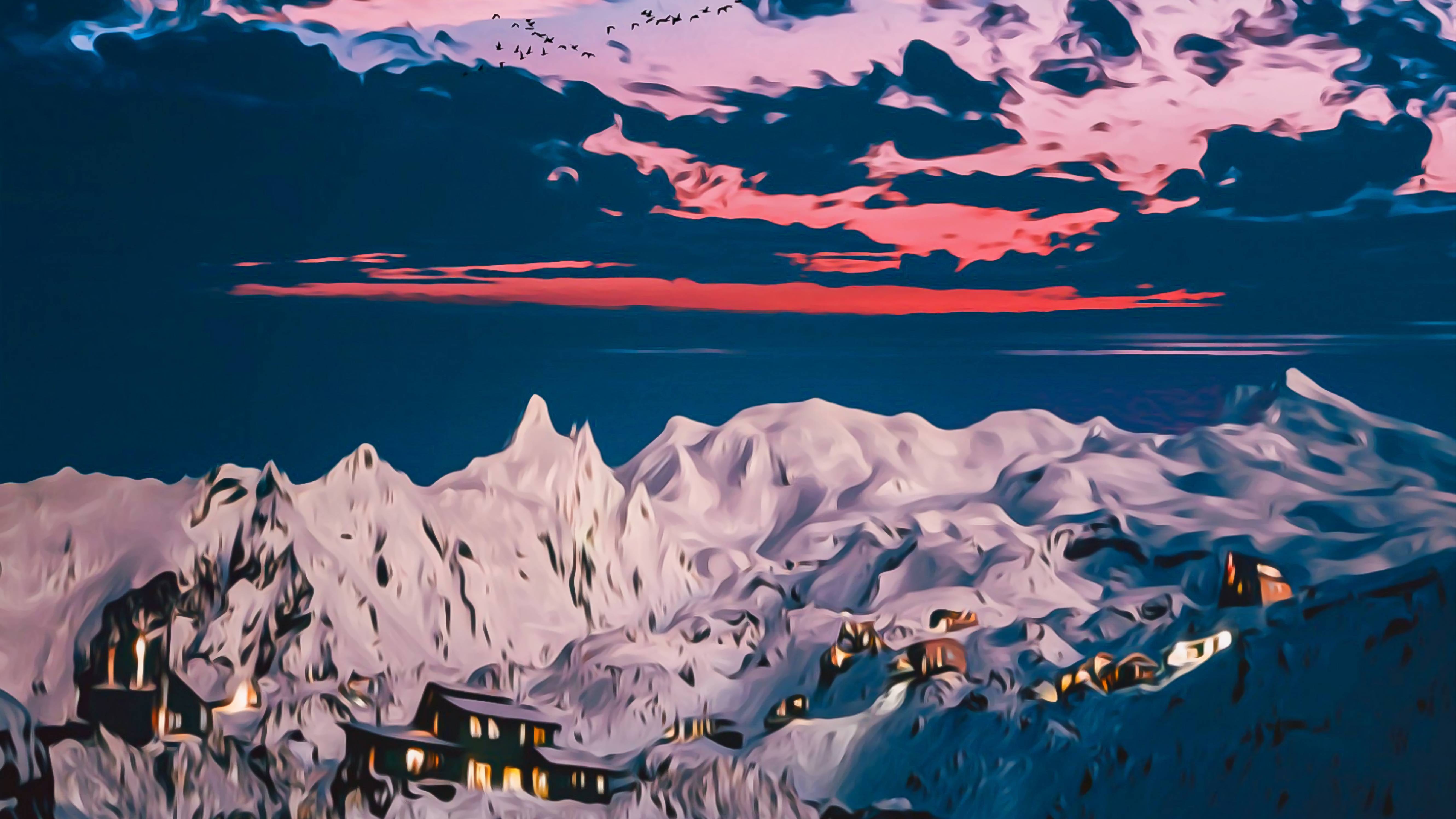 A painting of snowy mountains with houses on them - Mountain