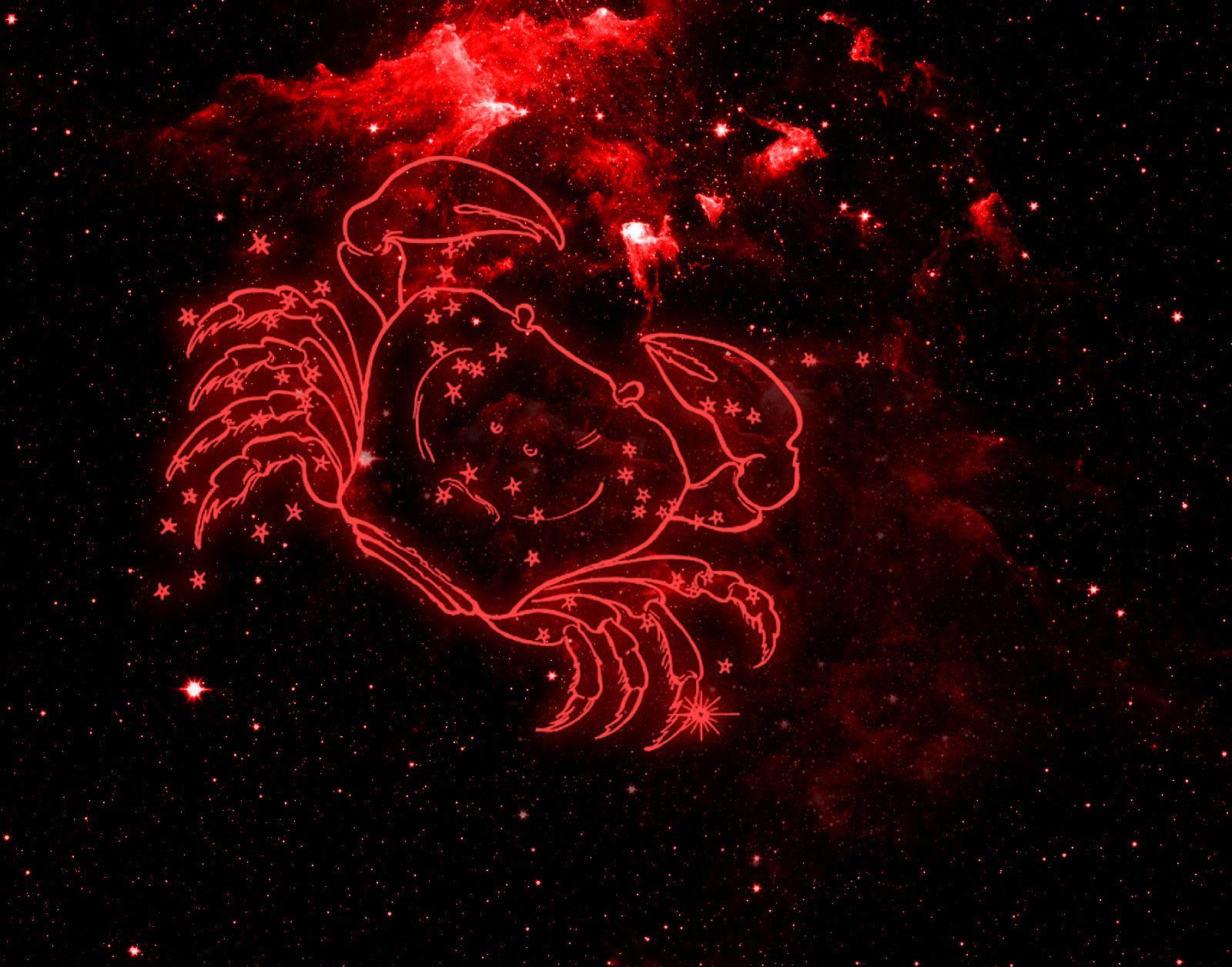 Red crab zodiac sign on a black background with stars - Cancer