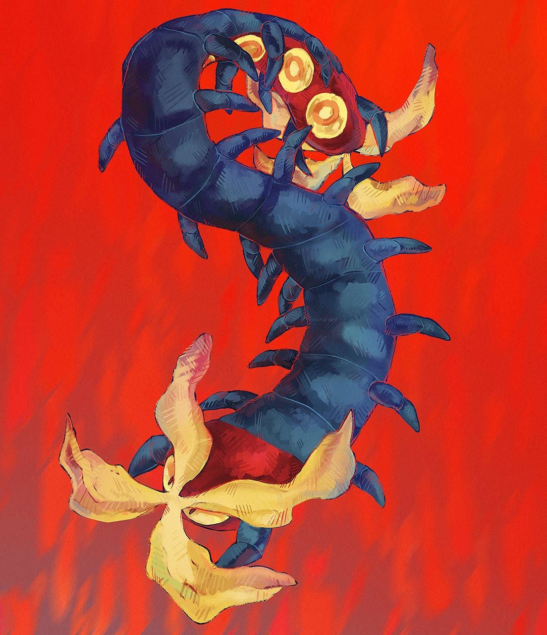 A blue and yellow caterpillar on fire - Pokemon