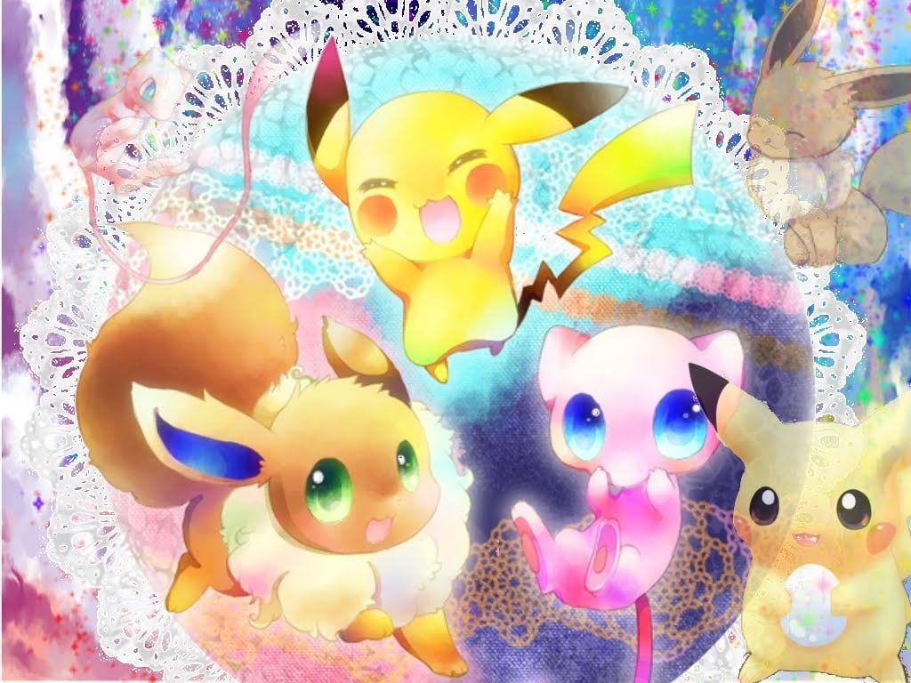 A collection of Pokemon characters, including Eevee and Pikachu, on a doily. - Pokemon