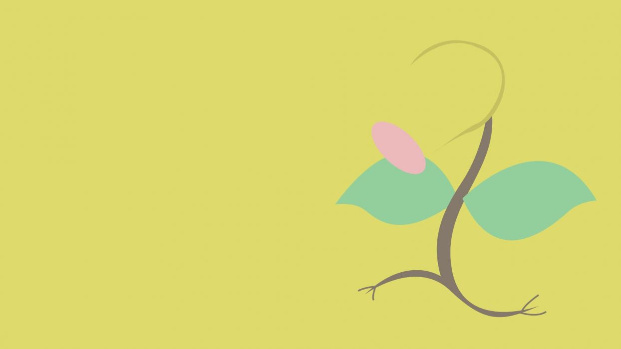 A picture of a plant with two leaves and a pink flower bud on a yellow background - Pokemon