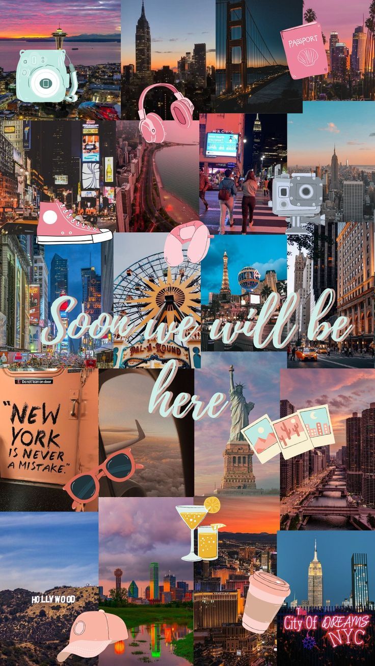 Aesthetic phone wallpaper of New York City at sunset with pink and blue colors. - Travel