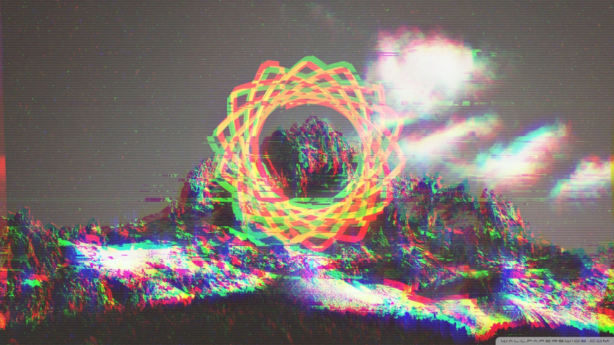 Glitch art of a mountain with a rainbow spiral - Glitch