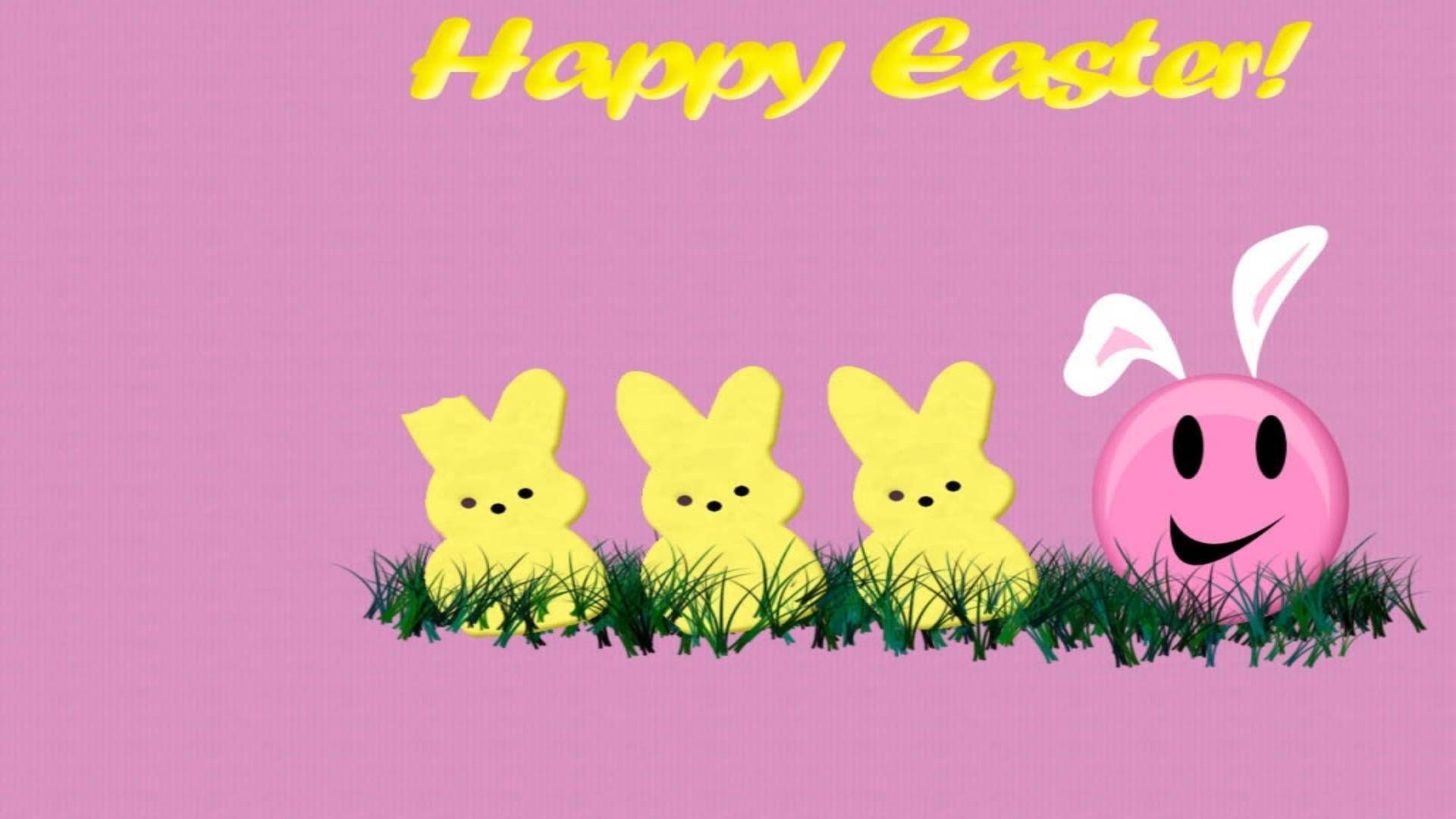 Happy Easter wallpaper with three bunnies and a pink egg - Easter