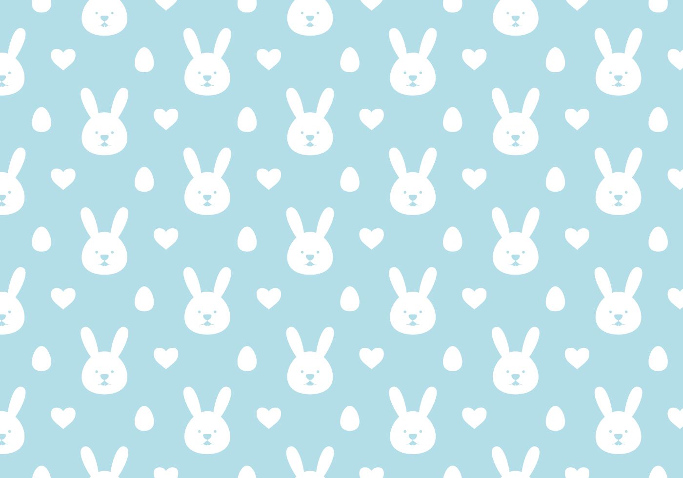 A blue and white patterned Easter wallpaper with bunnies, eggs and hearts. - Easter