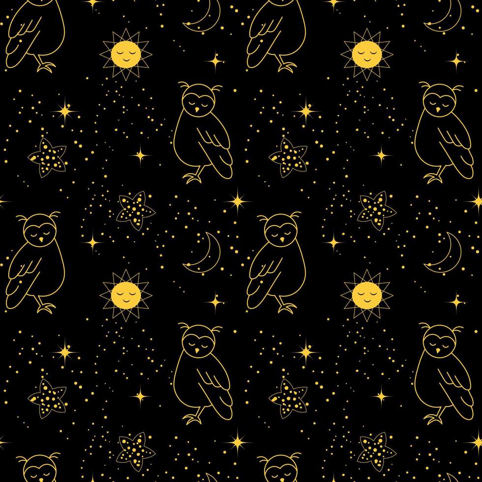 Seamless pattern, cute yellow owls, sleeping sun, moon and stars on the black night sky. Textile for children, cover, wallpaper