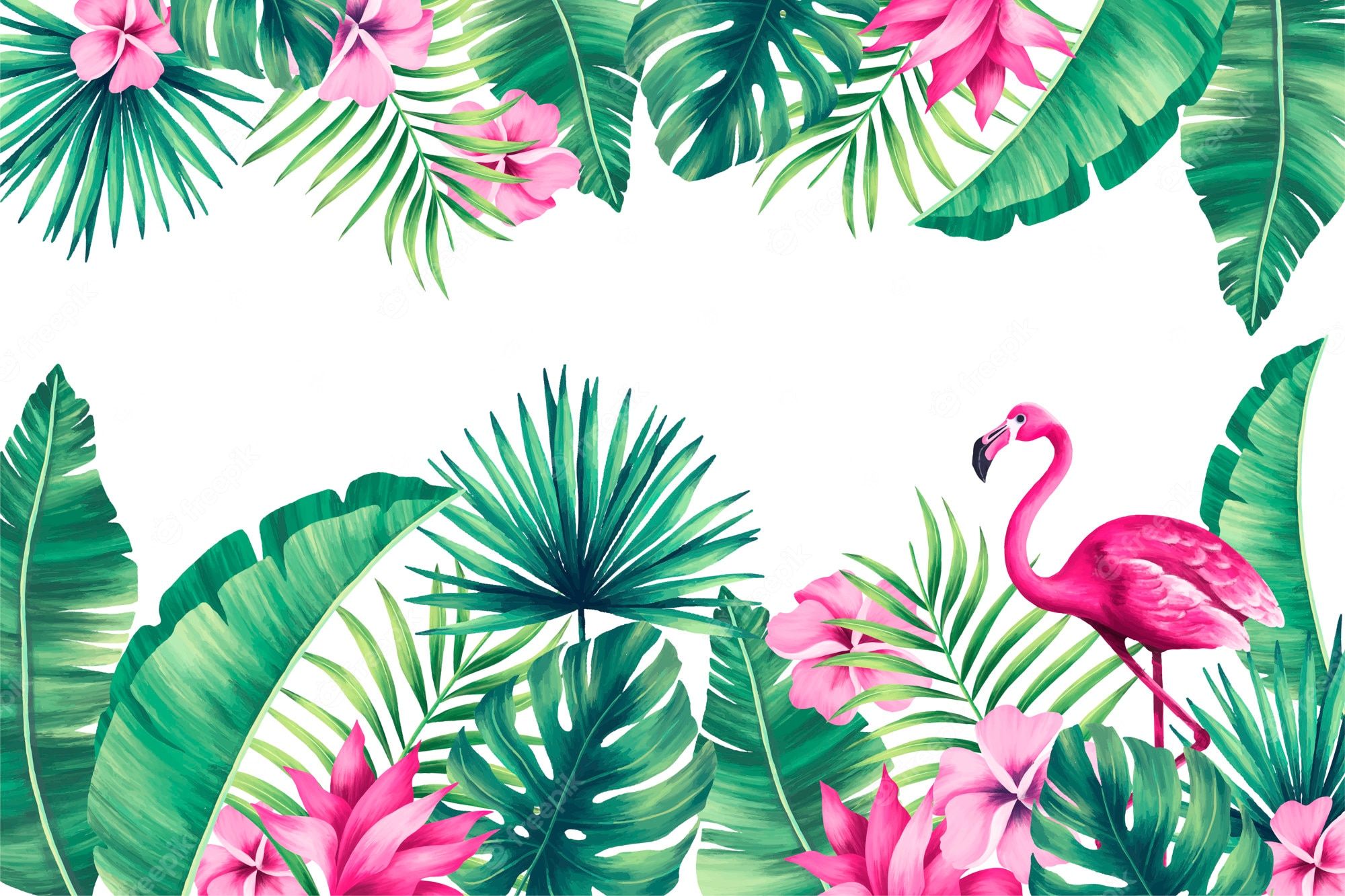 Tropical leaves with flamingo in the middle - Tropical