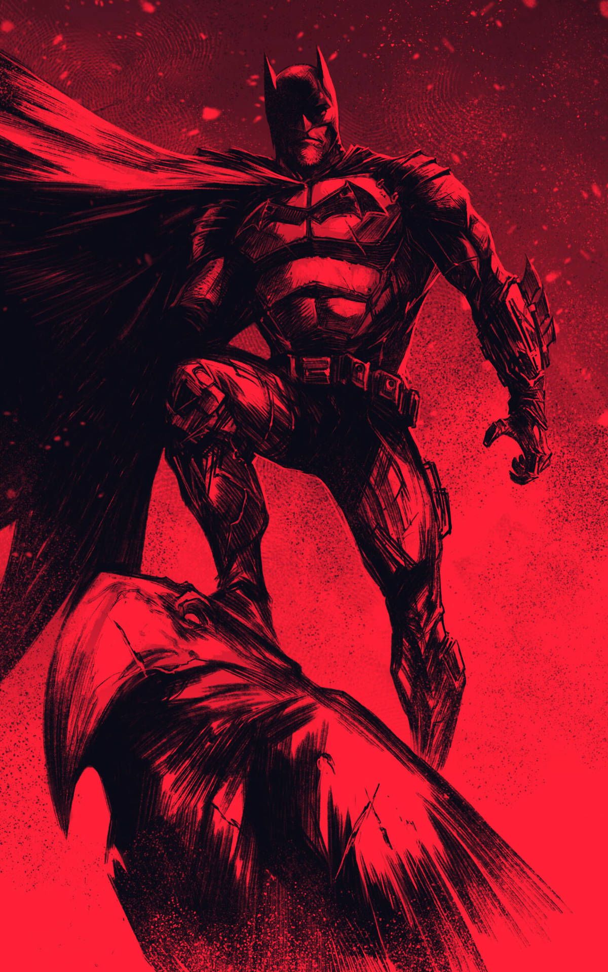 A stylized image of Batman in red and black. - Batman