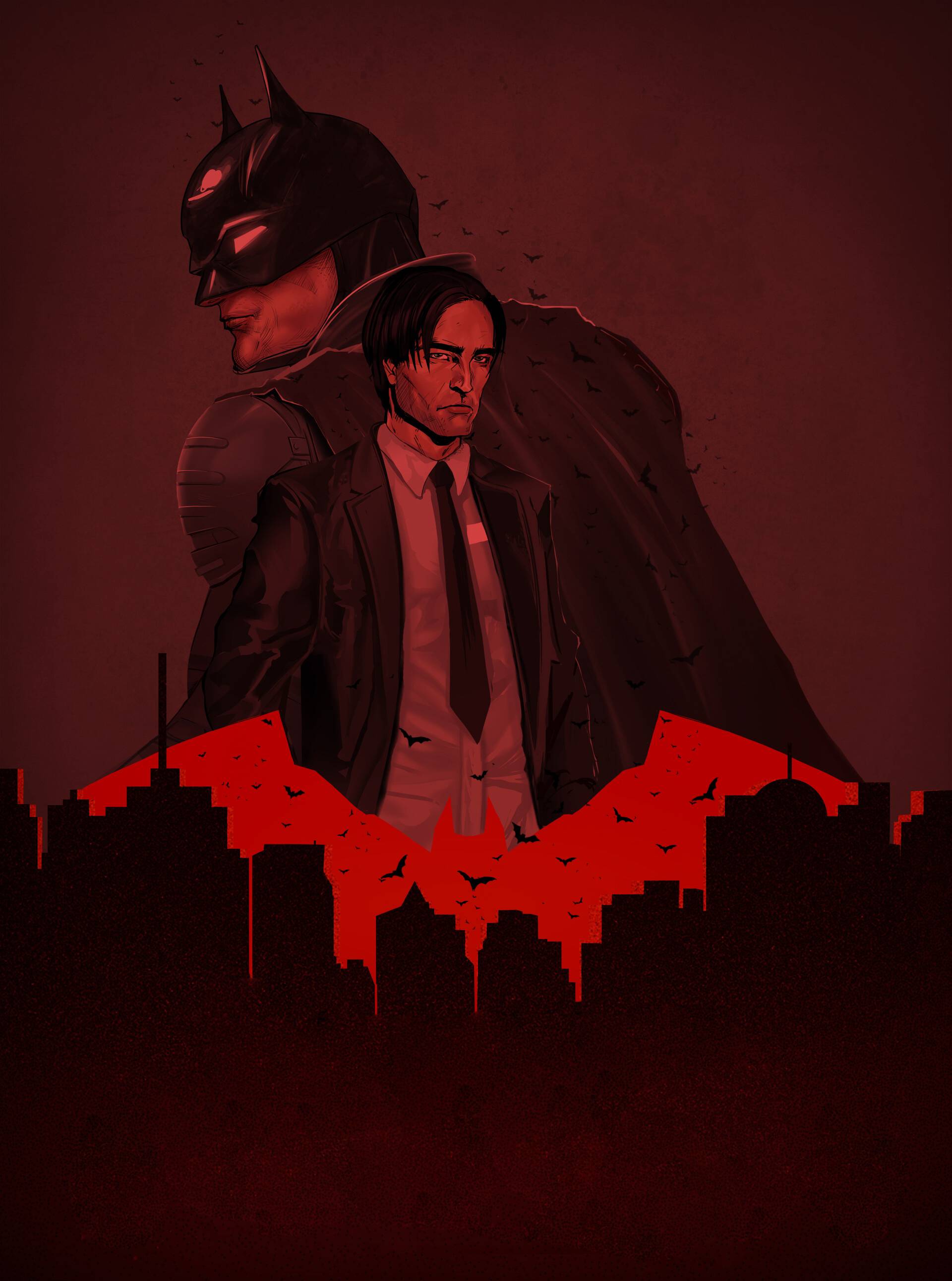 A digital painting of a man in a suit with a bat symbol behind him. - Batman