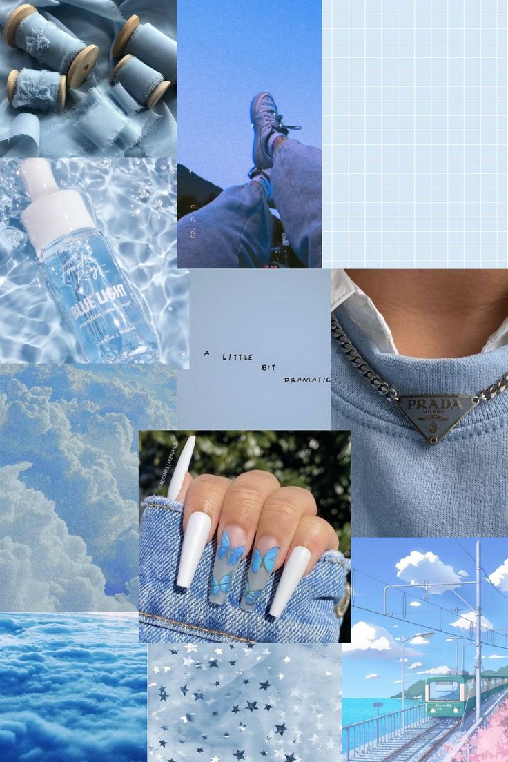 A collage of different images with blue backgrounds - Nails, light blue
