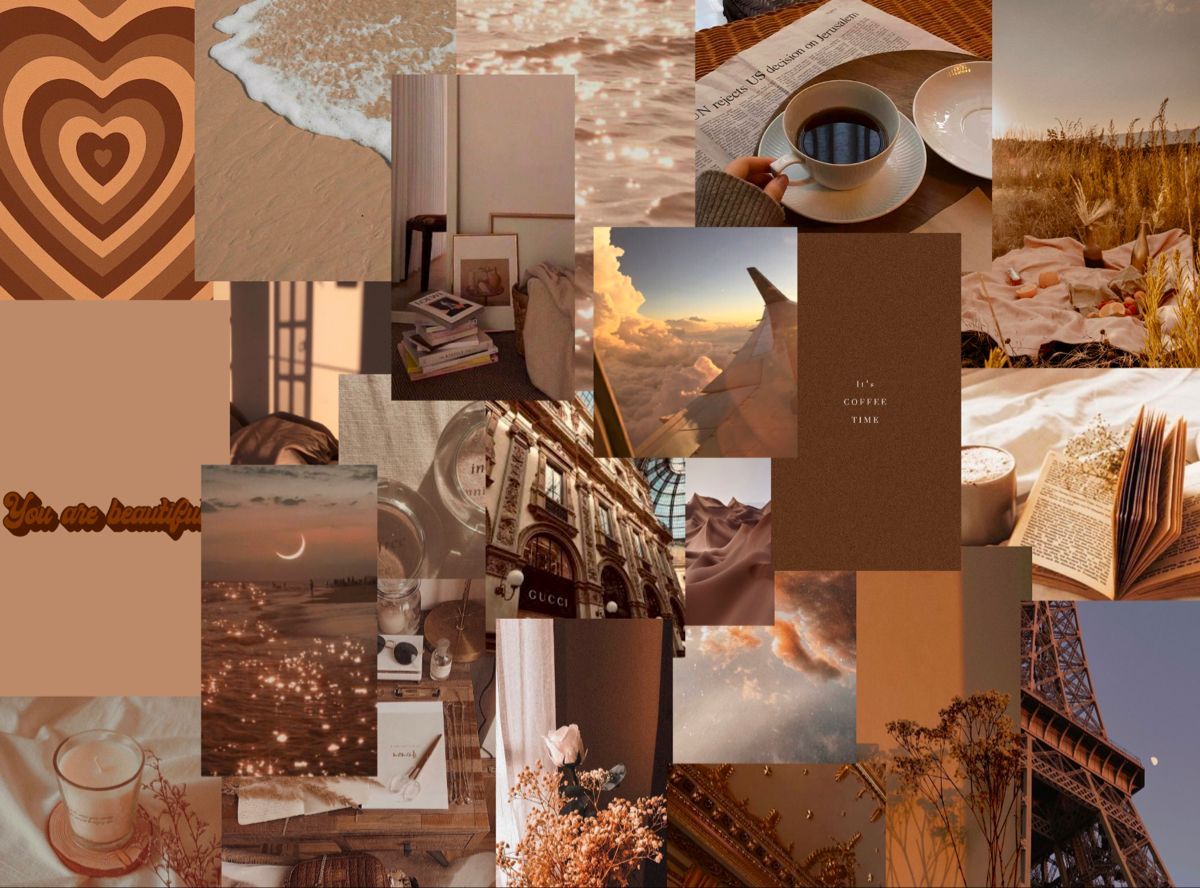 A collage of photos including coffee, books, and the Eiffel Tower. - Light brown, brown, collage