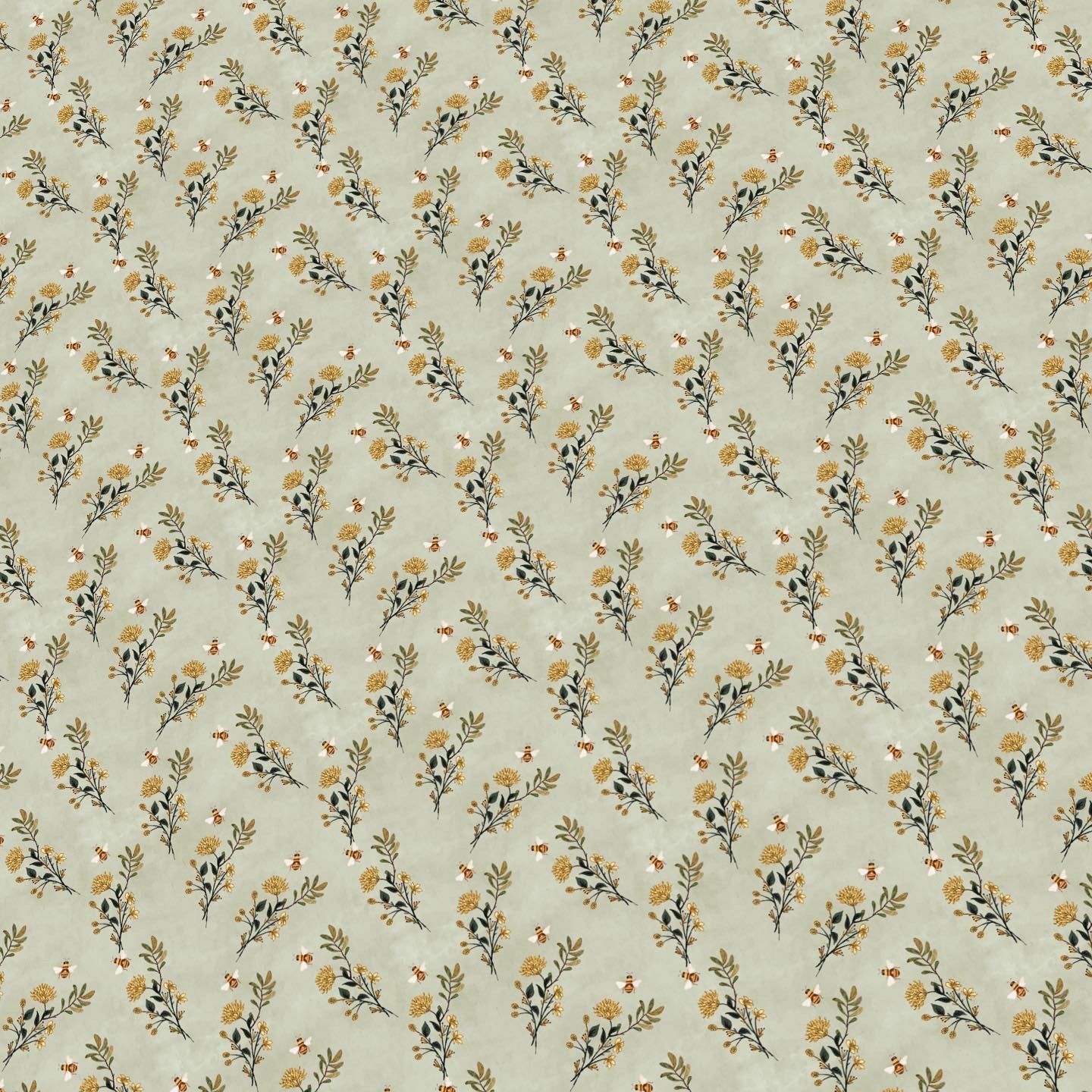 Fabric swatch of a light neutral fabric with small yellow flowers and greenery - Sage green