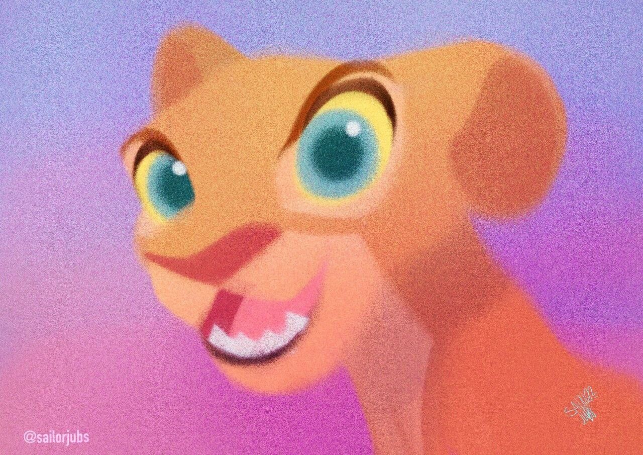 A digital painting of a cartoon lion cub smiling with a purple and pink background - The Lion King