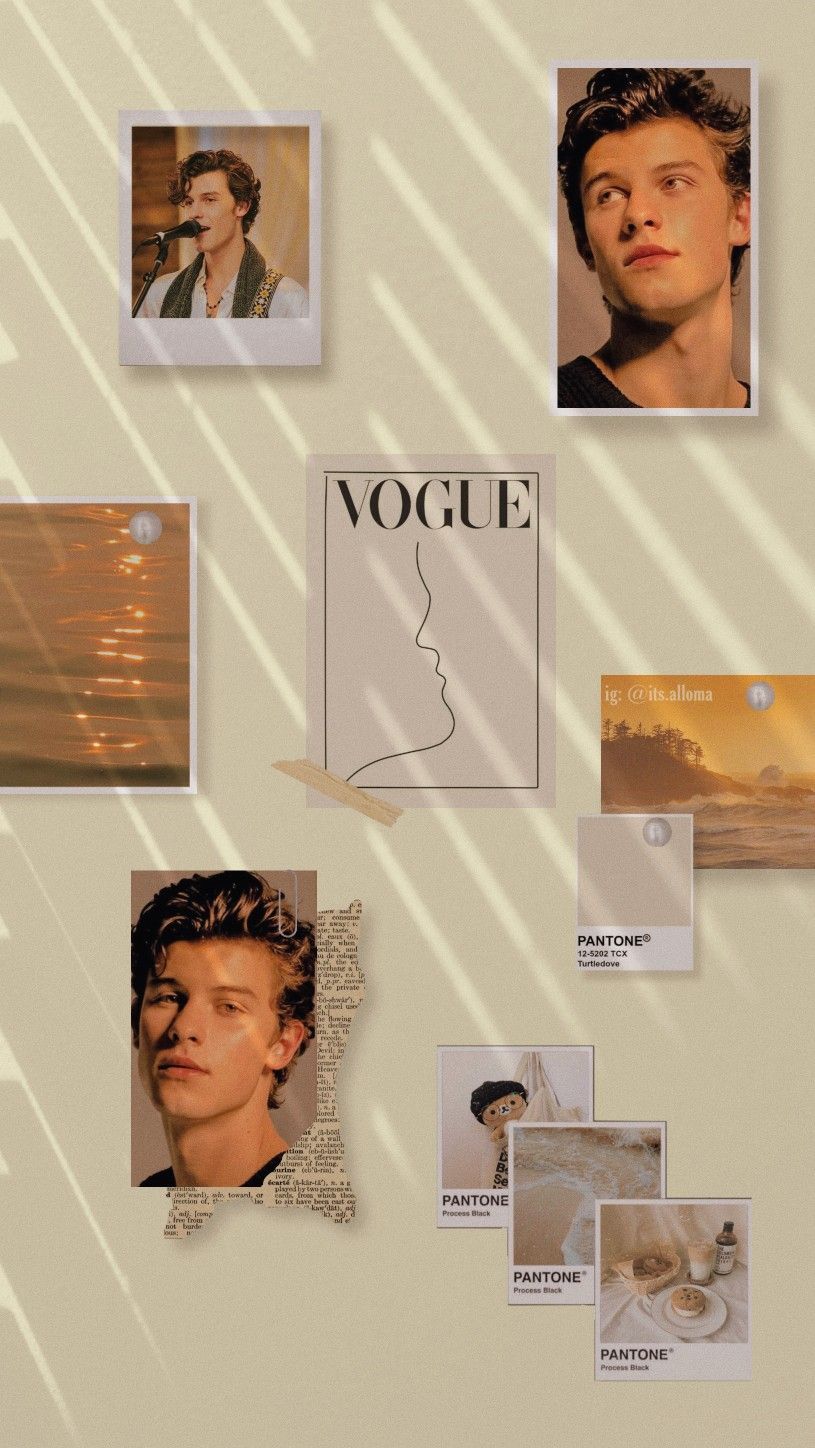 A wall with pictures of people and magazine covers - Shawn Mendes