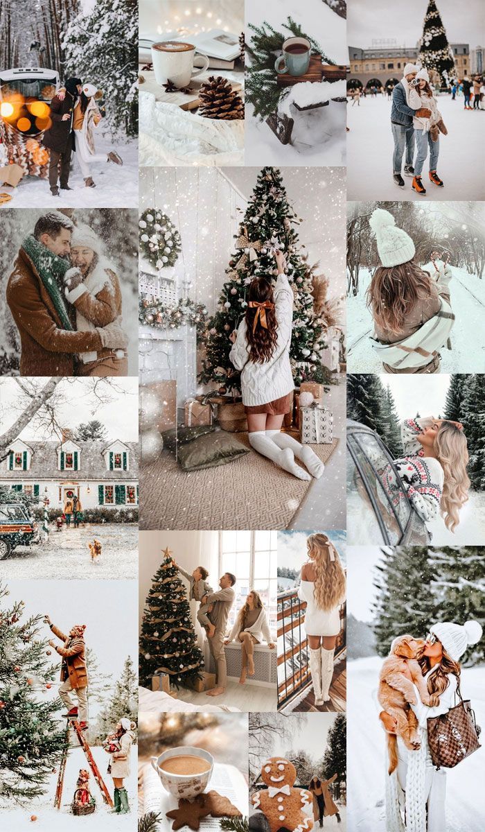 A collage of different photos of people in the snow, with a Christmas theme - Christmas, white Christmas, neutral