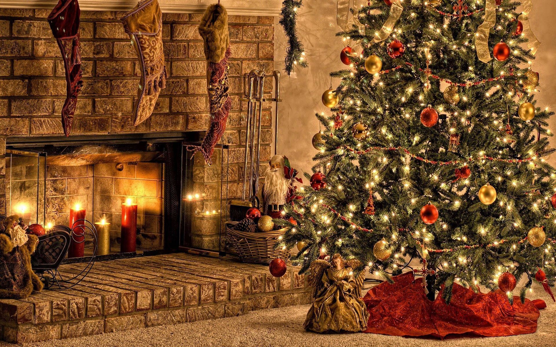 A christmas tree is in front of the fireplace - Christmas