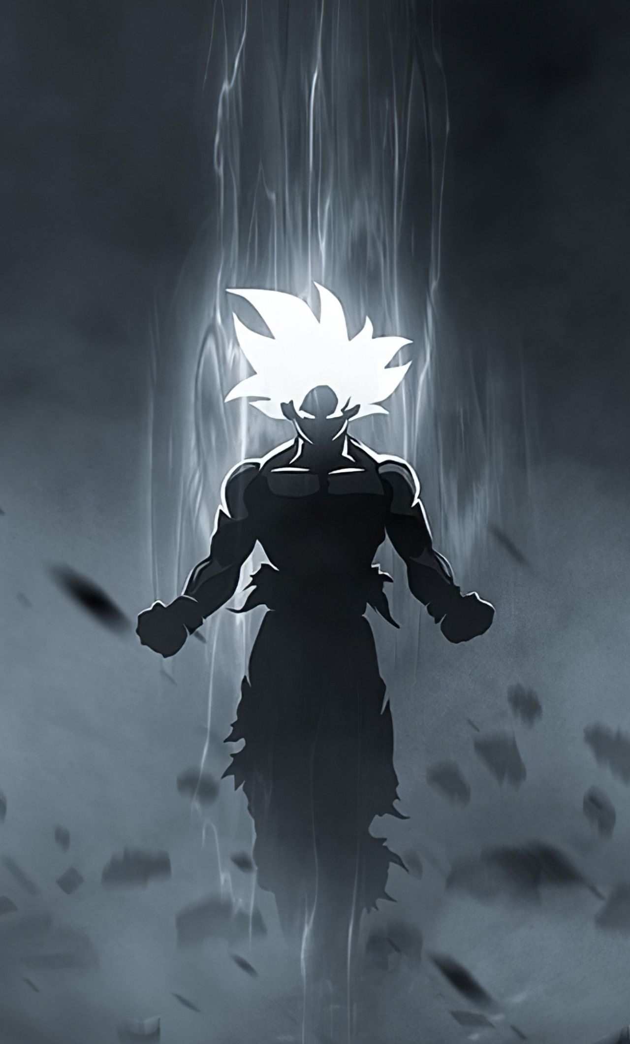 A wallpaper of Goku in his black outfit with his white hair - Dragon Ball