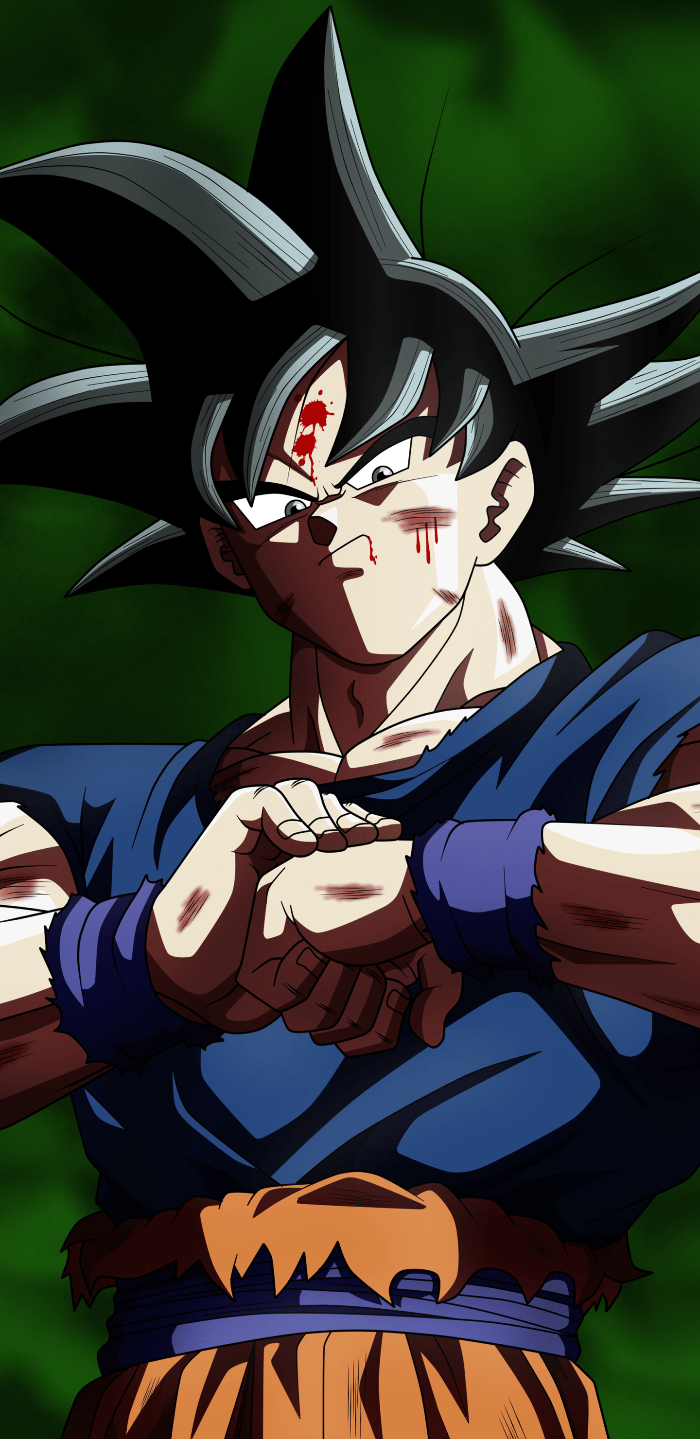 Wallpaper for mobile devices of Goku in his Super Saiyan 3 form from Dragon Ball Super with a red aura and blood on his face - Dragon Ball