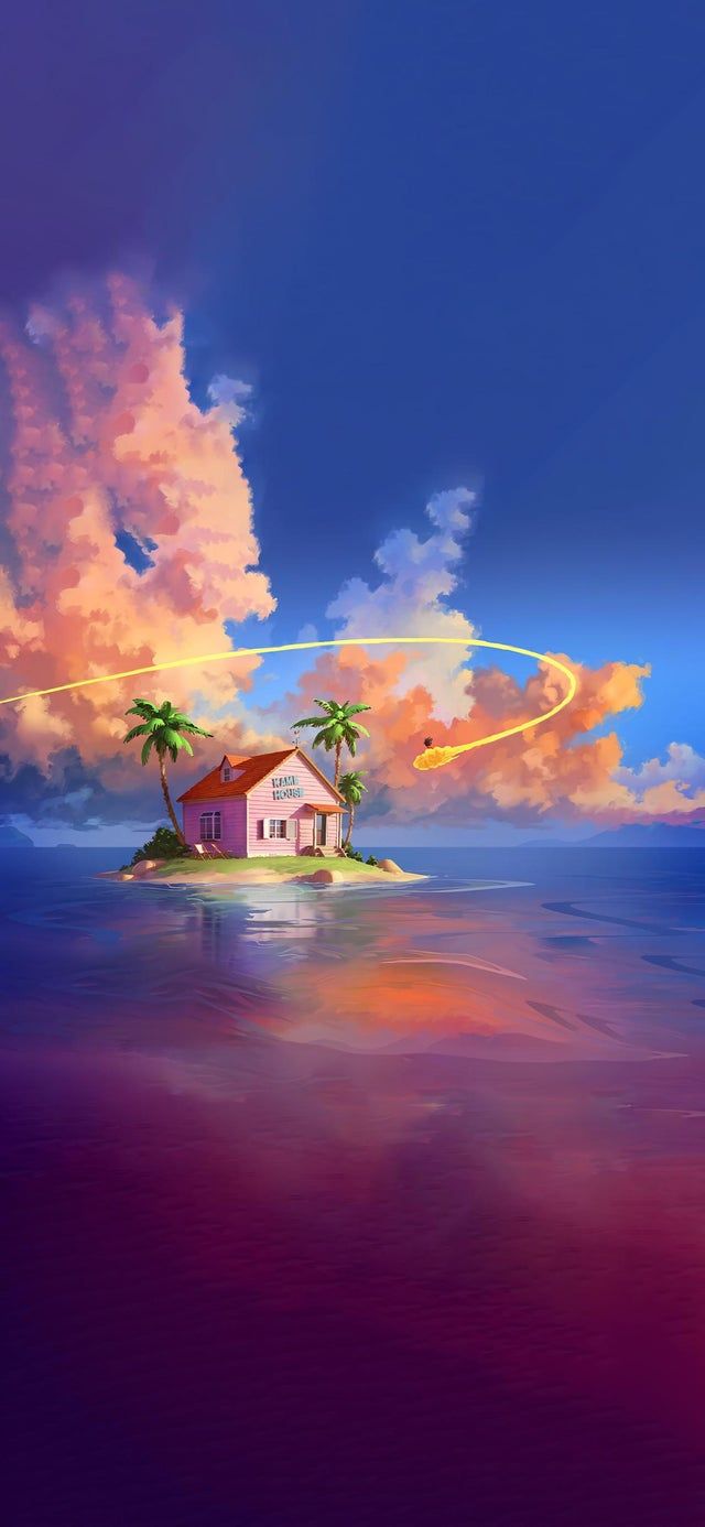 A painting of an island with palm trees and clouds - Dragon Ball