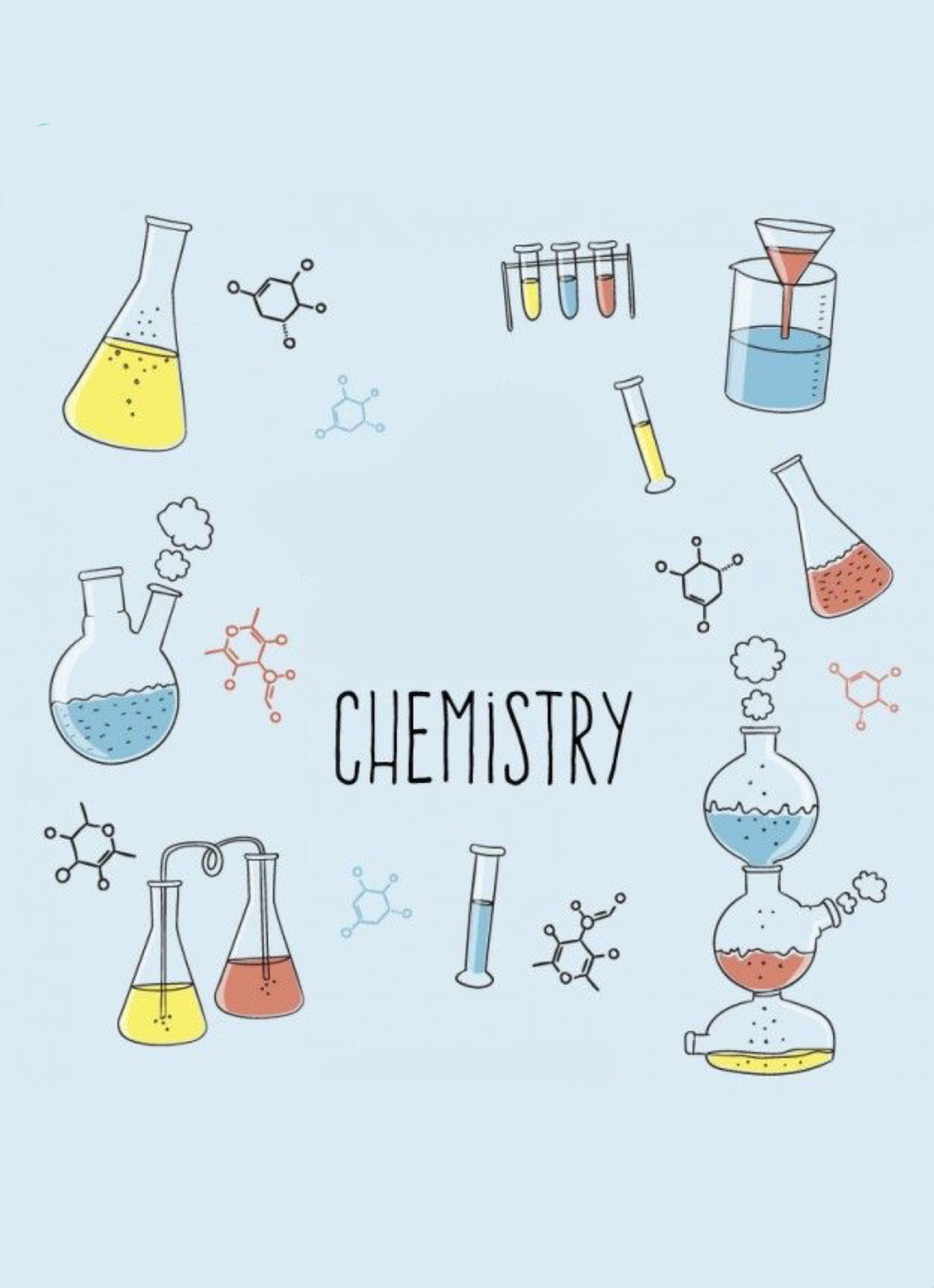 Chemistry background with chemical flasks and test tubes. Hand drawn illustration. - Chemistry