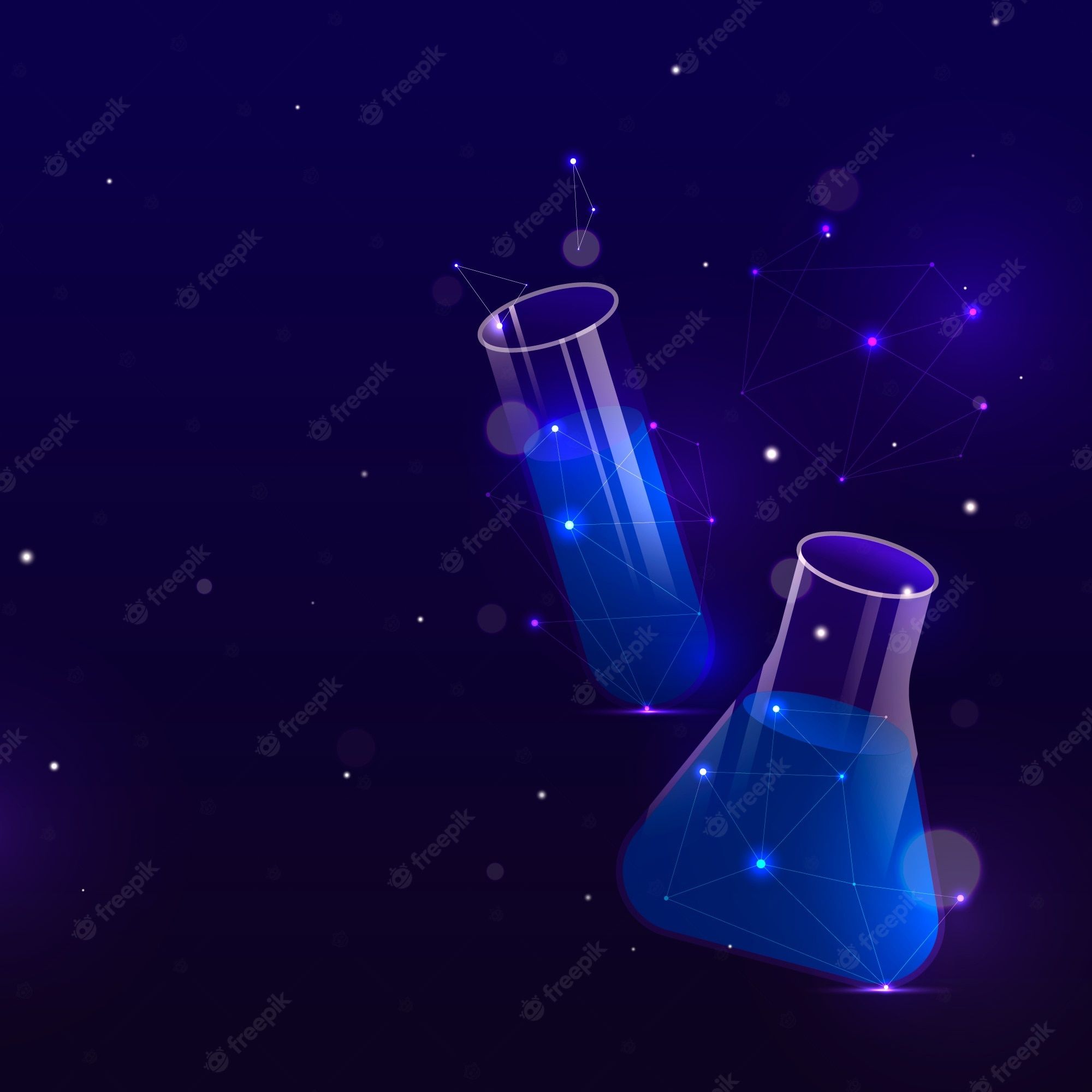Science and technology concept, low poly style, chemical test tube on a dark background with stars. - Chemistry