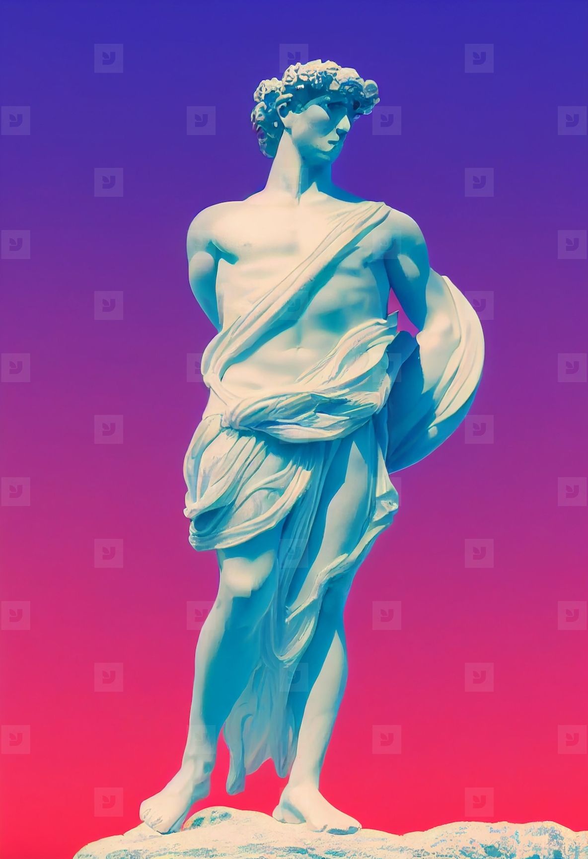 Abstract greek god sculpture in retrowave city pop design, vapor
