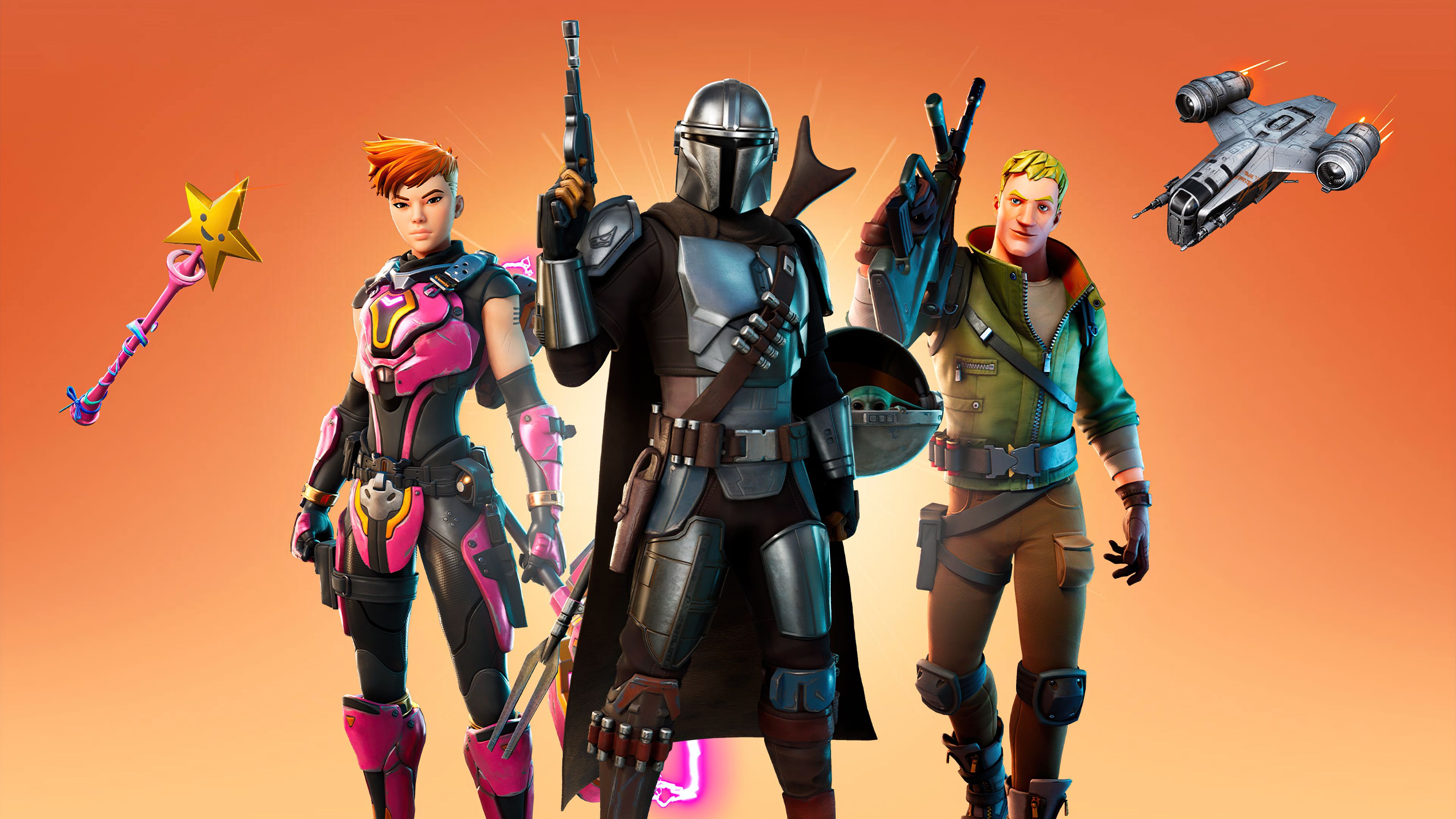 Fortnite characters in Mandalorian armor, with a spaceship and a lightsaber - Fortnite