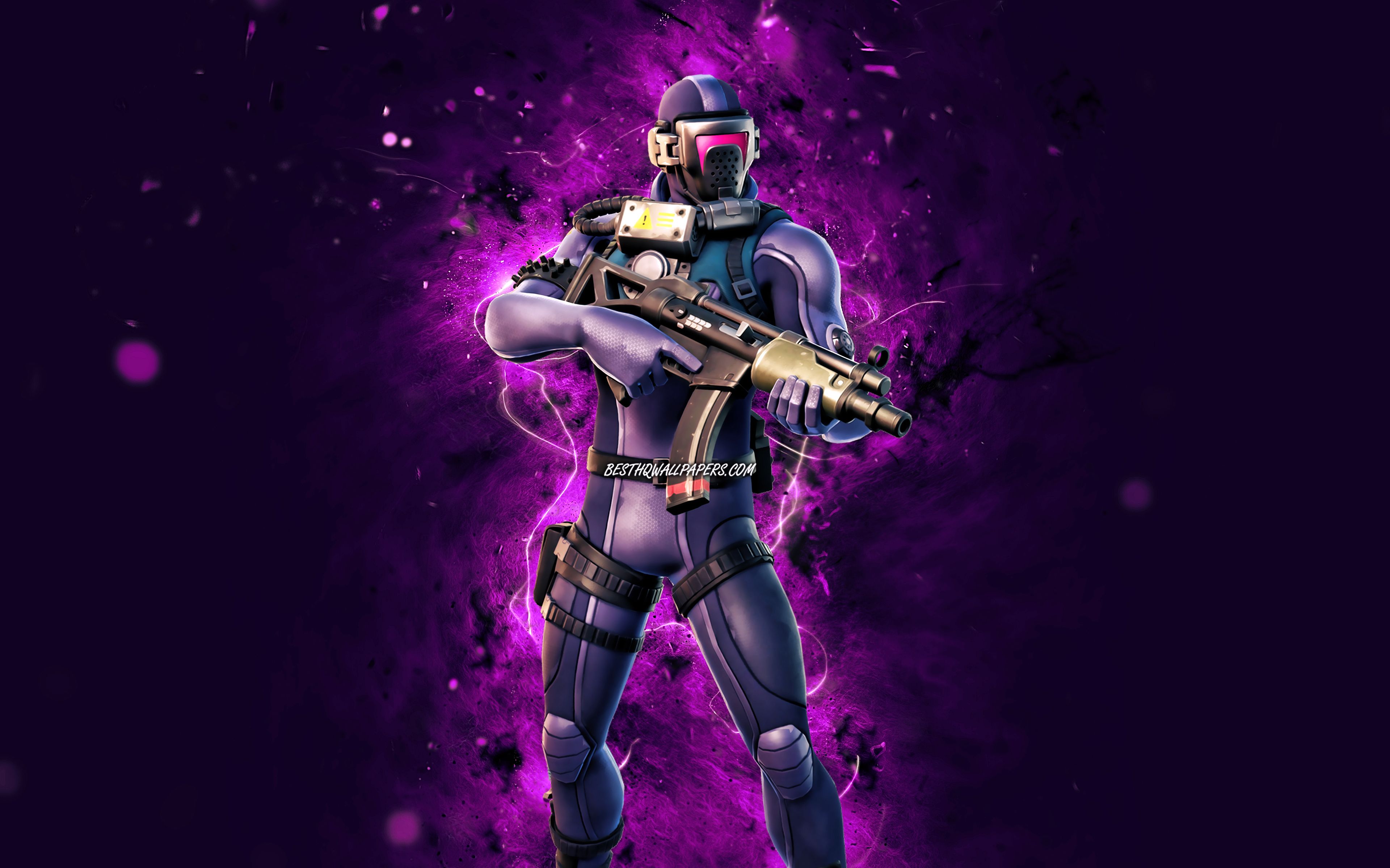 Download wallpaper Masked Scuba Jonesy, 4k, violet neon lights, Fortnite Battle Royale, Fortnite characters, Masked Scuba Jonesy Skin, Fortnite, Masked Scuba Jonesy Fortnite for desktop with resolution 3840x2400. High Quality HD picture