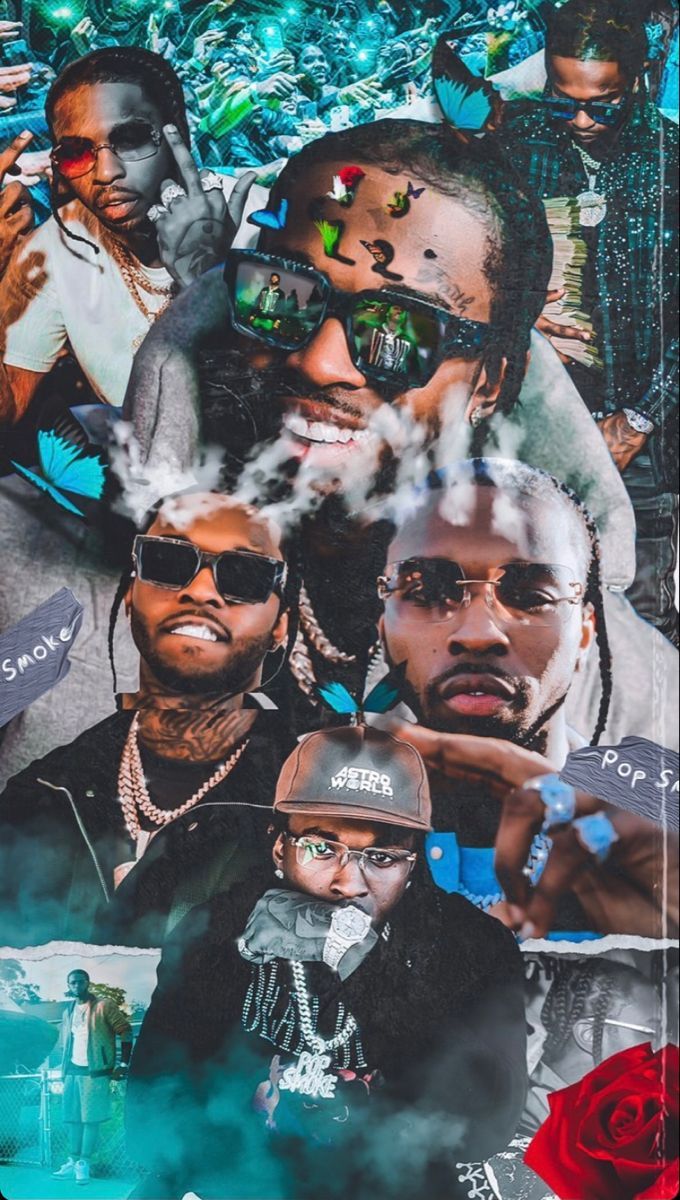 A photo collage of Migos members with smoke and rose in the background - Pop Smoke