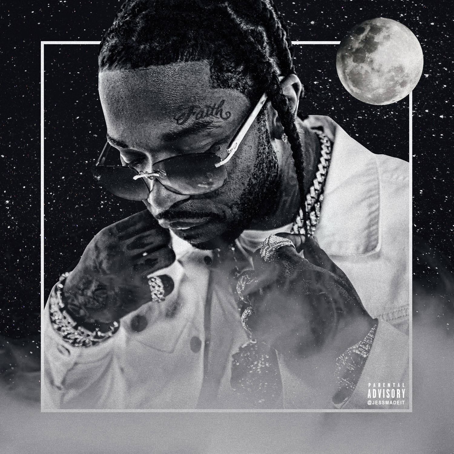 2 Chainz in front of a starry background - Black and white, Pop Smoke
