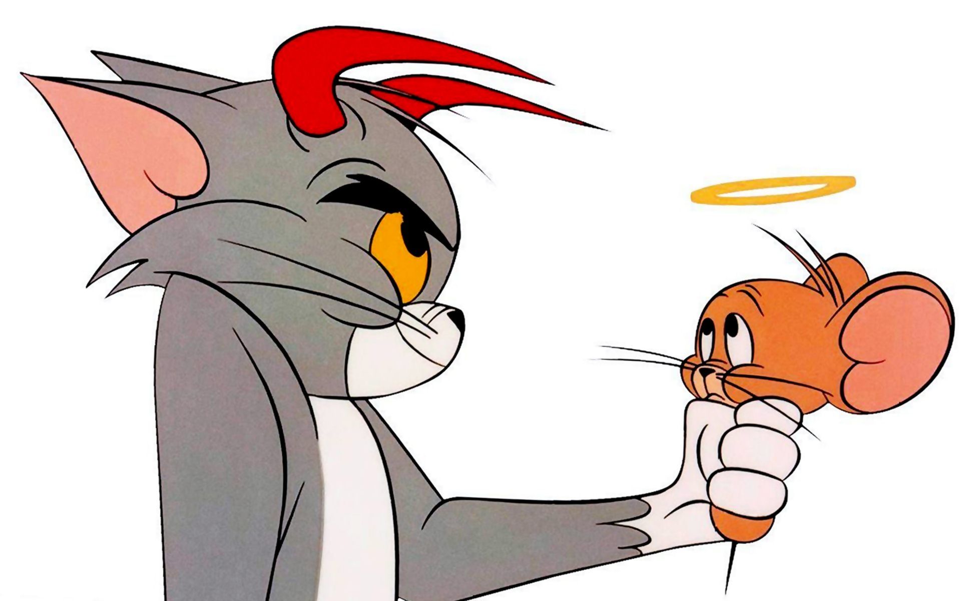 A cartoon cat is holding an orange mouse - Tom and Jerry